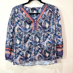 Current Air Border Print Paisley Long Sleeve Top XS Purple Satin Boho 70s Hippie